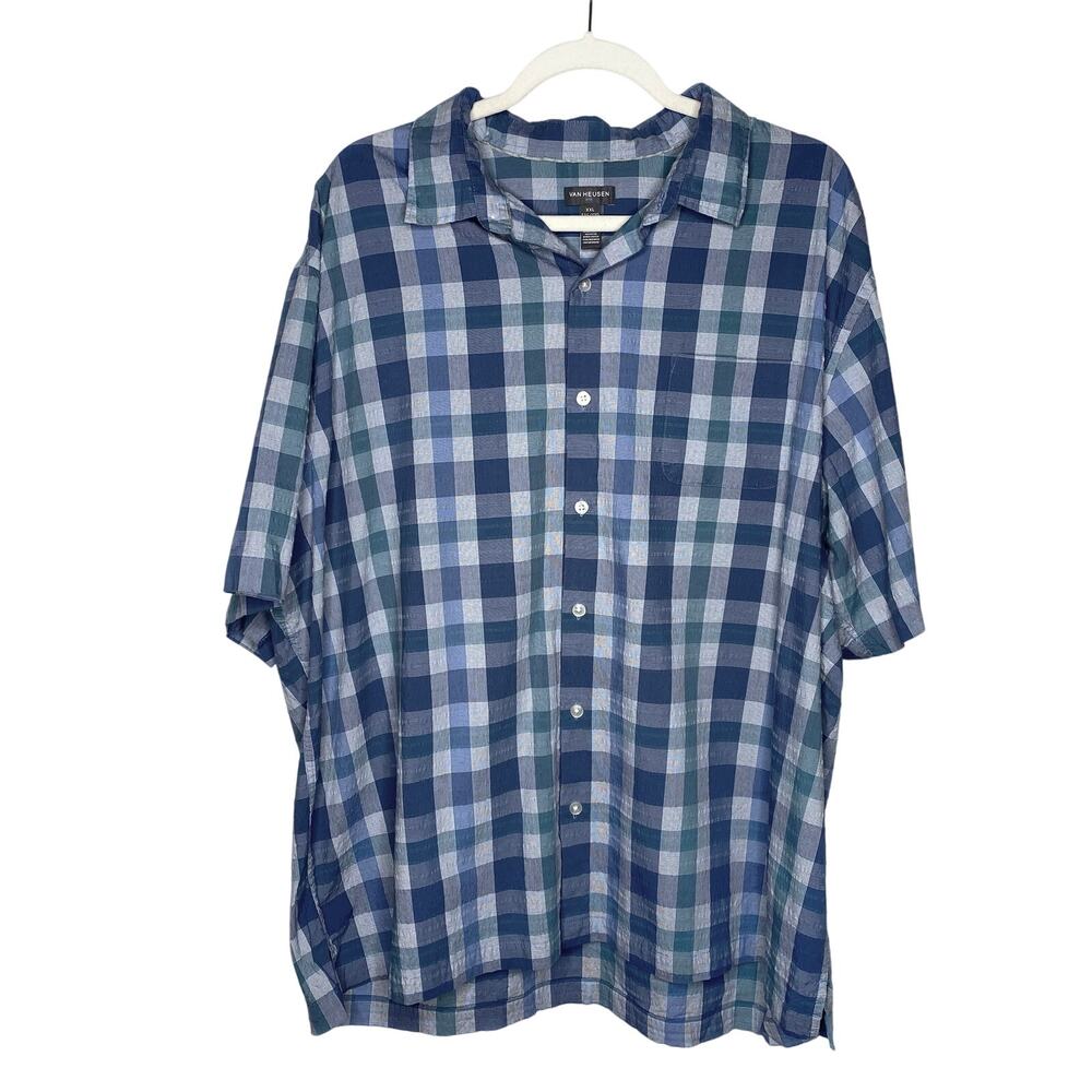 Van Heusen AIR Short Sleeve Crinkle Plaid Button Down Shirt Men's XXL Blue